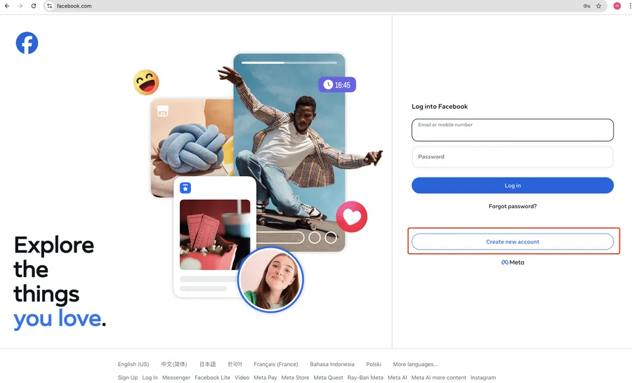 Facebook 登录页，底部的 Create new account 按钮
