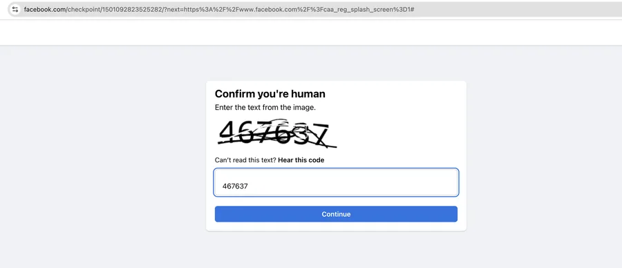 Facebook 注册流程中的字符验证码界面