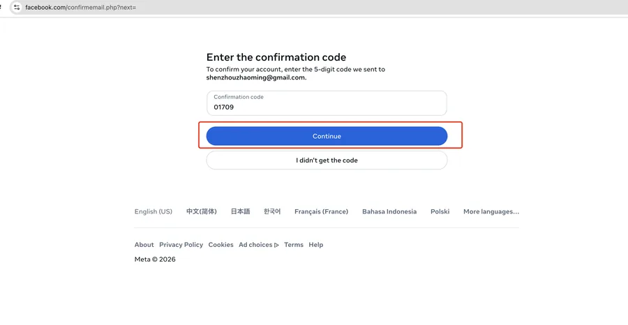 Facebook 注册的邮箱验证码输入页面