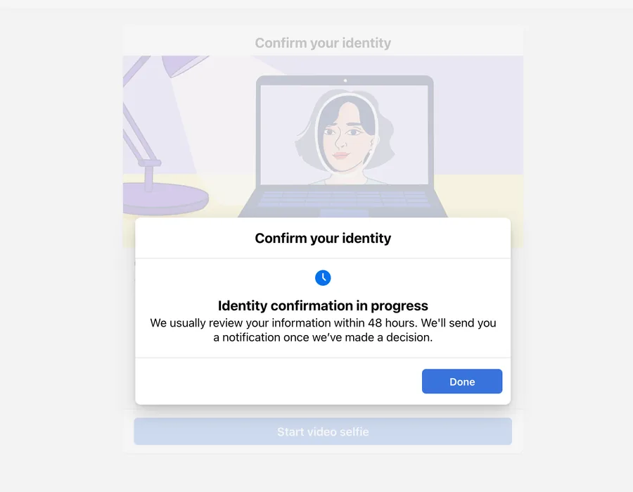 Facebook 身份确认进行中的提示页面
