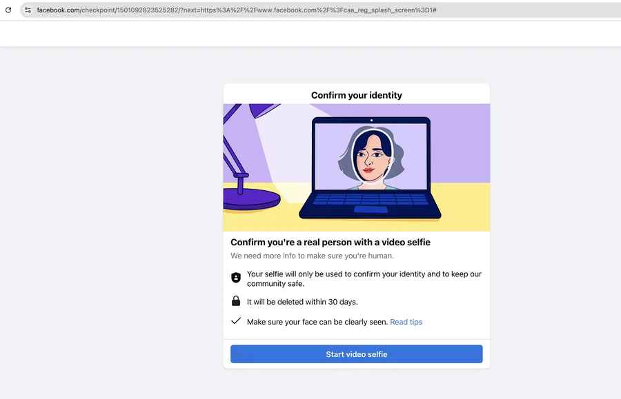 Facebook 账号受限时的 Confirm your identity 视频自拍页面