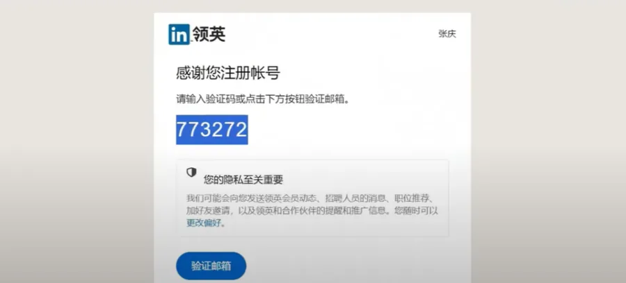 LinkedIn 邮箱验证页面，输入邮件收到的 6 位 PIN 码